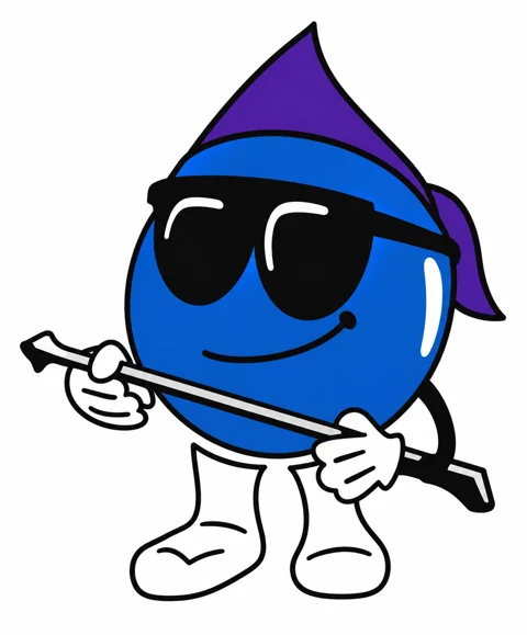 Poor Boy blue character wearing sunglasses and holding a cleaning wand